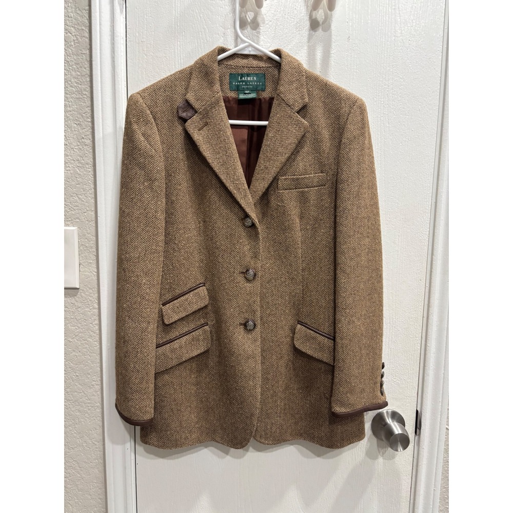 Lauren Ralph Lauren Petite Herringbone Wool Blazer Brown Leather Trim 10P